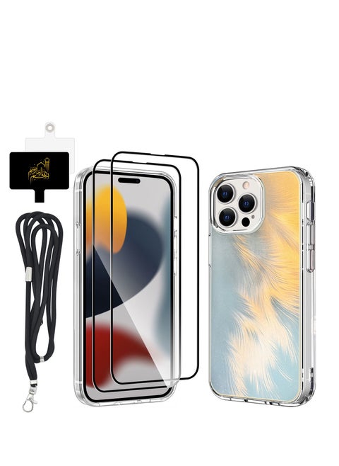 for iPhone 15 Pro Max Case with 2 x Tempered Glass Screen Protector 1 x Universal Cell Phone Lanyard Fashionable Design Phone Cover for Women Girls Gradient Color