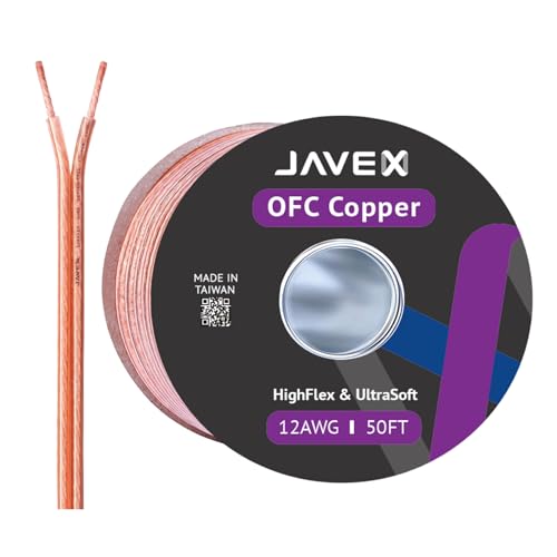 JAVEX 12-Gauge AWG Audio Speaker Wire Cable (50 FT), [Oxygen-Free Copper] Thin Flat Cable for Automotive Car Stereo Audio, HI-FI Stereo, Home Theater, Subwoofer, Soundbar, Blue/Black - Image 1