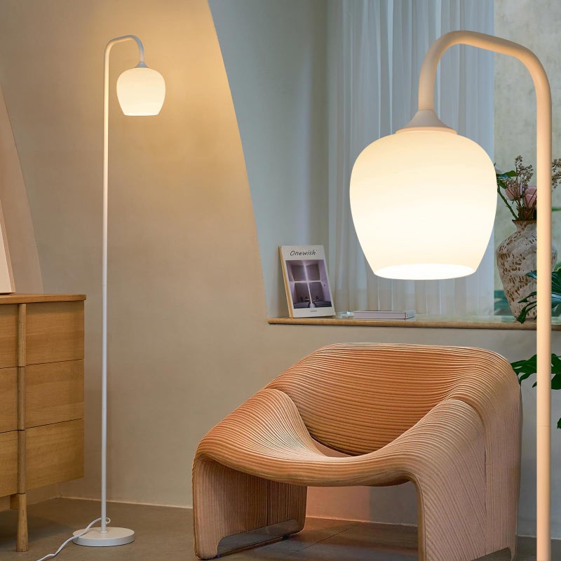 ONEWISH White Floor Lamp-Modern Standing Lamp for Living Room Bedroom, Opal Glass Lamp Shade, LED Bulb Included, for Reading Office, Simple Design Home Decor for Christmas Thanksgiving Day - Image 1