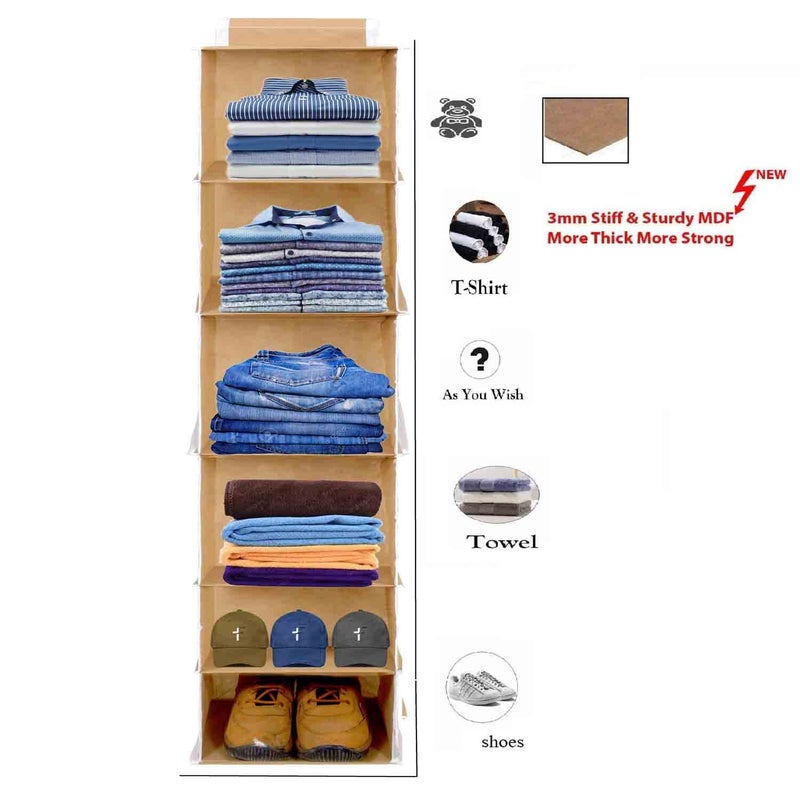 UNICRAFTS Hanging Organizer 6 Shelves NonWoven Foldable Wardrobe Organiser 6 Tier Pack of 1 Beige - Image 5