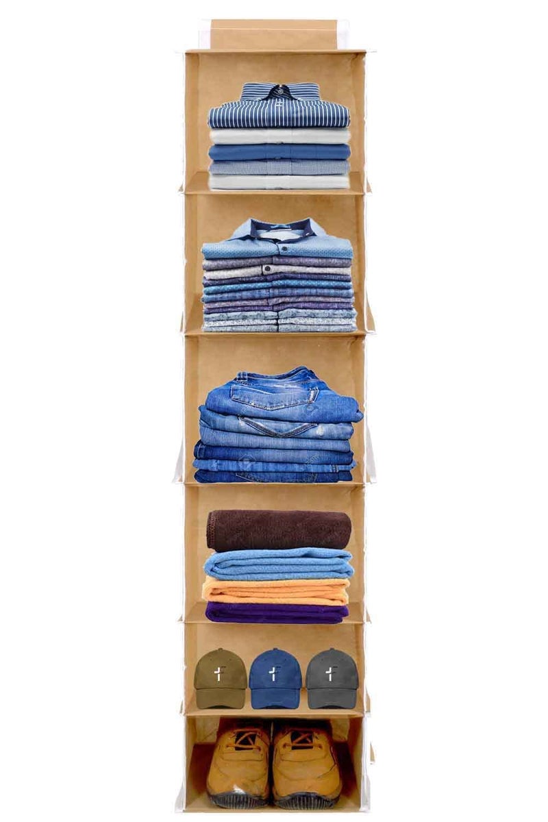 UNICRAFTS Hanging Organizer 6 Shelves NonWoven Foldable Wardrobe Organiser 6 Tier Pack of 1 Beige - Image 3