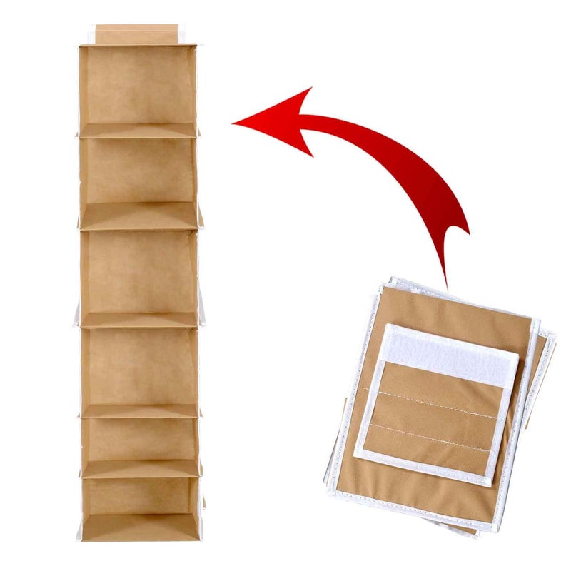 UNICRAFTS Hanging Organizer 6 Shelves NonWoven Foldable Wardrobe Organiser 6 Tier Pack of 1 Beige - Image 4