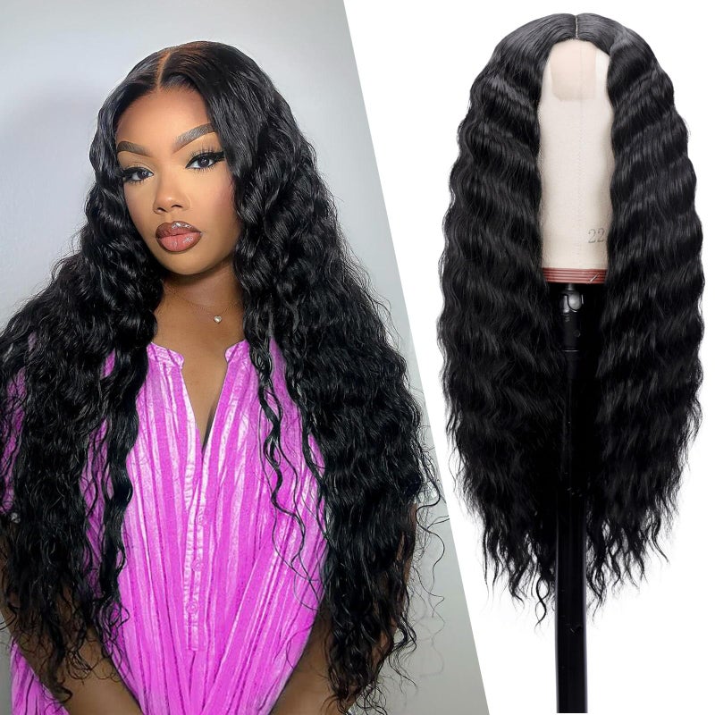 Mairead 28 Inch Long Curly Synthetic Lace Front Wigs for Black Women Loose Deep Wave Black Synthetic Wig Middle Part 4" Simulated Scalp Small Lace Front Wigs Natural Looking Crimps Curls Wig - Image 2