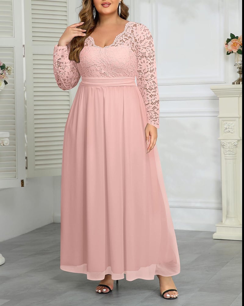 Talisea Plus Size Bridesmaid Dresses for Wedding Pink Formal Gowns Evening Prom Gala Elegant V Neck Lace Chiffon Long Dress - Image 3
