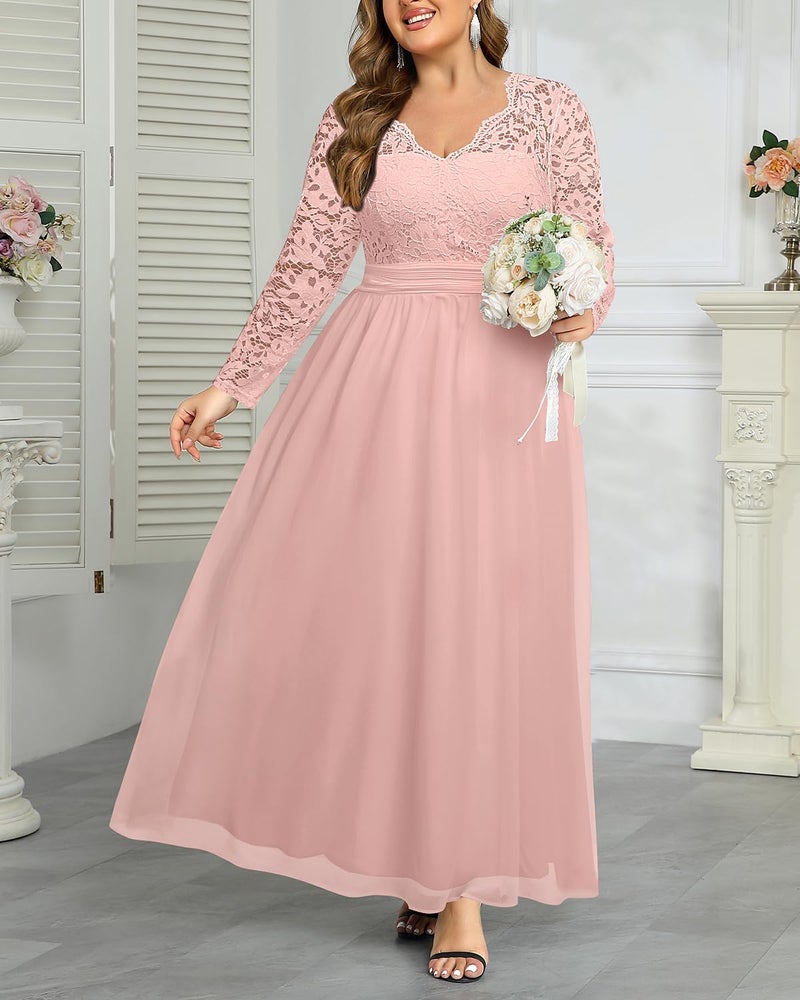 Talisea Plus Size Bridesmaid Dresses for Wedding Pink Formal Gowns Evening Prom Gala Elegant V Neck Lace Chiffon Long Dress - Image 2