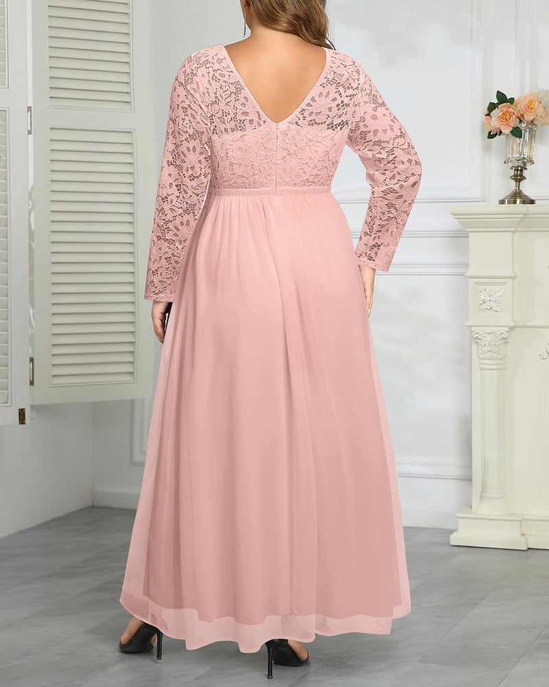 Talisea Plus Size Bridesmaid Dresses for Wedding Pink Formal Gowns Evening Prom Gala Elegant V Neck Lace Chiffon Long Dress - Image 4