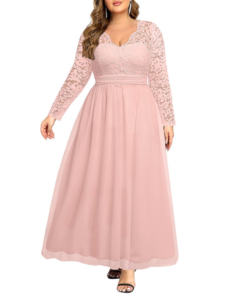 Talisea Plus Size Bridesmaid Dresses for Wedding Pink Formal Gowns Evening Prom Gala Elegant V Neck Lace Chiffon Long Dress - Image 1