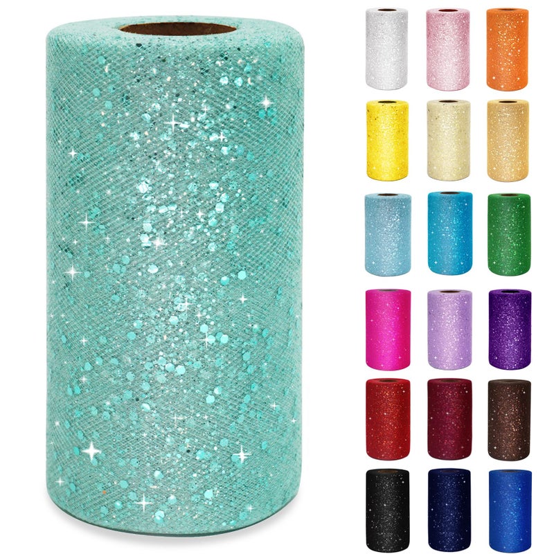 Aqua Blue Glitter Tulle Rolls 6 Inch by 50 Yards Sequin Tulle Fabric Ribbon for DIY Tutu Skirt Gift Wrapping Sewing Bow Wedding Decorations Craft Supplies