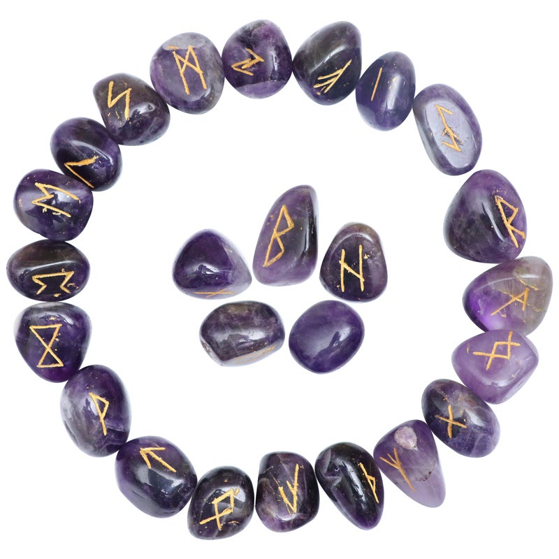 ZAICUS Amethyst Rune Stones Set with Engraved Elder Futhark Runic Alphabet Pagan Lettering Viking Runes for Divination Norse Witchcraft Healing Crystal Reiki Gemstones Irregular Shaped 25 Pcs