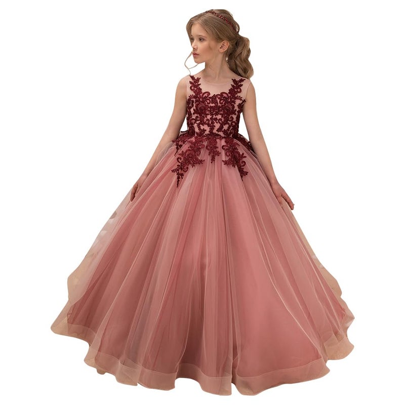 PLwedding Flower Girl Dress Kids Lace Applique Pageant Ball Gown Prom Dresses (Size 12, Rose Red), Rose Red, 12 - Image 1