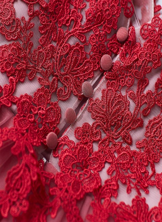 PLwedding Flower Girl Dress Kids Lace Applique Pageant Ball Gown Prom Dresses (Size 12, Rose Red), Rose Red, 12 - Image 4