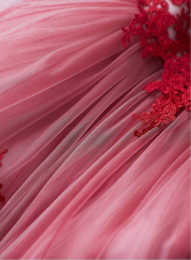 PLwedding Flower Girl Dress Kids Lace Applique Pageant Ball Gown Prom Dresses (Size 12, Rose Red), Rose Red, 12 - Image 3