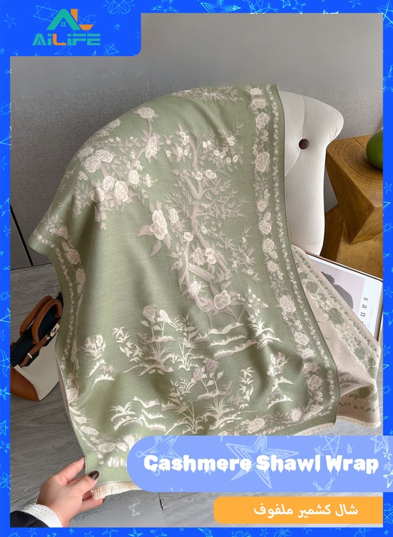 ال لايف شال كشمير صناعي ناعم للغاية للنساء، وشاح سميك ودافئ بطبعة زهور مع شرابات، بطانية أنيقة للشتاء والخريف، شال سهرة أنيق وملابس خارجية متعددة الاستخدامات - أخضر - Image 2