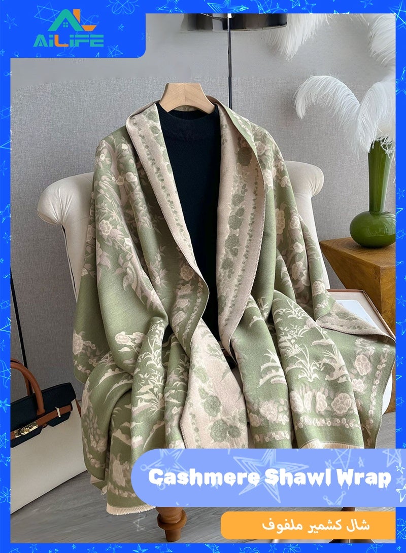 ال لايف شال كشمير صناعي ناعم للغاية للنساء، وشاح سميك ودافئ بطبعة زهور مع شرابات، بطانية أنيقة للشتاء والخريف، شال سهرة أنيق وملابس خارجية متعددة الاستخدامات - أخضر - Image 1