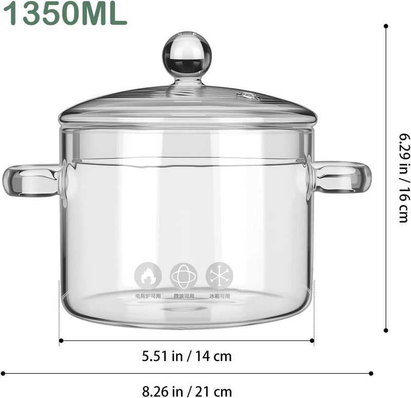 Ipetboom Glass Soup Pot with Lid 2pcs 1350ml Double-handle Borosilicate Glass Stew Pot for Kitchen Cooking Instant Noodles and Soup Heat Resistant Cookware - Image 2