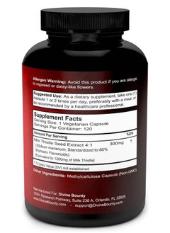 Divine Bounty Pure Milk Thistle Capsules Supplement - A Potent 1200mg Milk Thistle Supplement with 4X Concentrated Extract (Standardized) 120 Vegetarian Capsules 