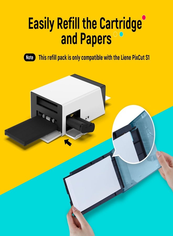 ليين ورق طباعة الصور وخرطوشة الحبر من Liene، عبوة إعادة تعبئة خرطوشتي حبر و72 ورقة طباعة صور، مقاس 4×6 بوصة، طباعة بالتسامي، مقاومة للماء والأكسدة، مخصصة فقط لطابعة Liene PixCut S1 - Image 3