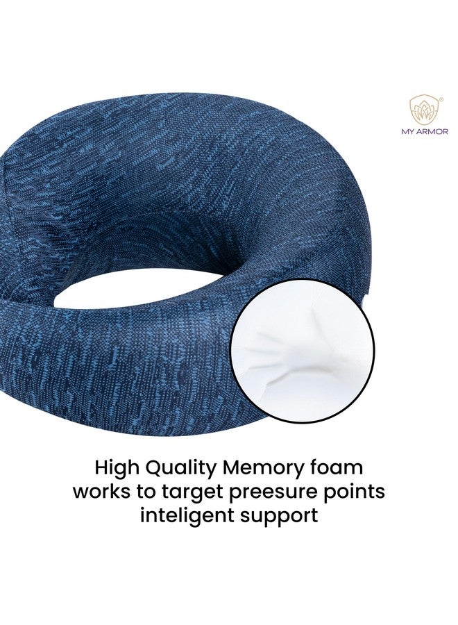MY ARMOR Memory Foam Travel Neck Pillow for Flights, Car, Train, Variable Height Adjustment to Suit All Sleeping Positions, Breathable & Washable Cover, Blue - Image 2
