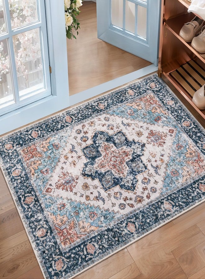 SERISSA Boho Rugs for Entryway, 2x3 Entryway Rug Non-Slip Washable Small Area Rug, Ultra Soft Oriental Vintage Low-Pile Indoor Door Mat Blue Orange Floor Carpet for Entrance Bedroom Kitchen Bathroom - Image 1