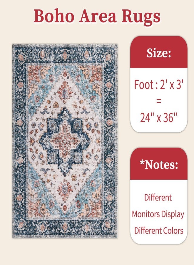 SERISSA Boho Rugs for Entryway, 2x3 Entryway Rug Non-Slip Washable Small Area Rug, Ultra Soft Oriental Vintage Low-Pile Indoor Door Mat Blue Orange Floor Carpet for Entrance Bedroom Kitchen Bathroom - Image 2