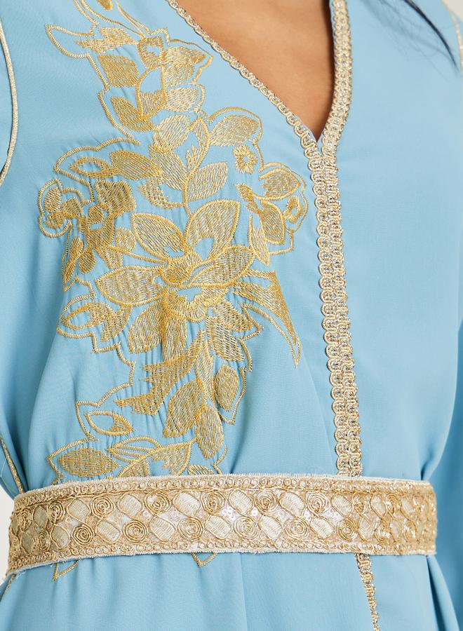 Amirah Women Blue Golden Embroidered Kaftan - Image 3