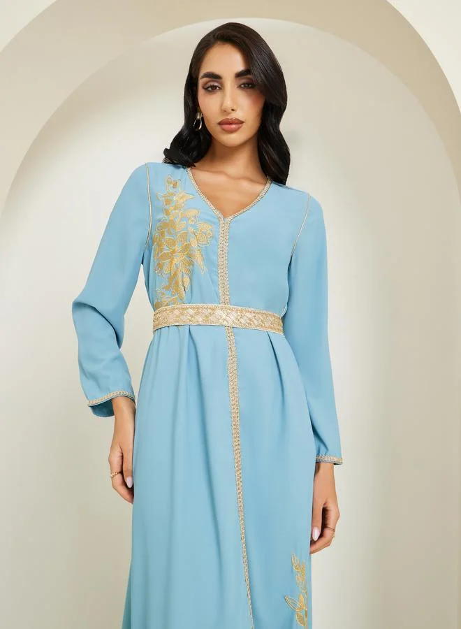 Amirah Women Blue Golden Embroidered Kaftan