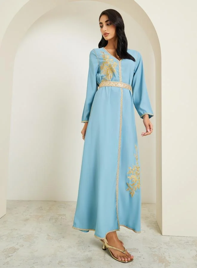 Amirah Women Blue Golden Embroidered Kaftan