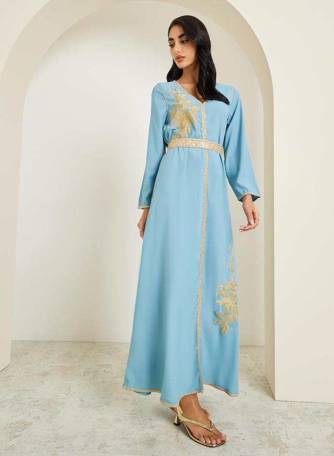 Amirah Women Blue Golden Embroidered Kaftan - Image 1
