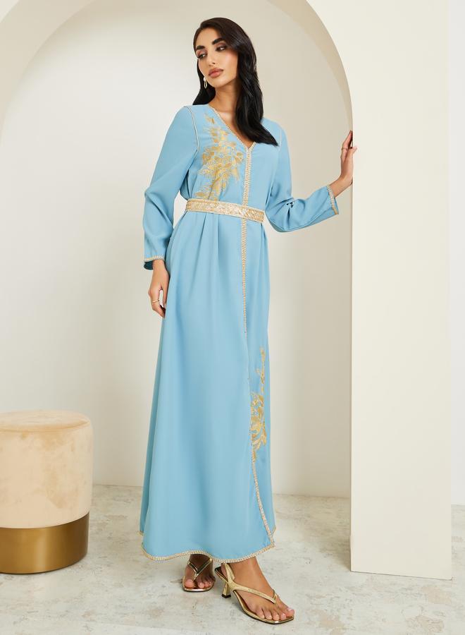 Amirah Women Blue Golden Embroidered Kaftan - Image 5