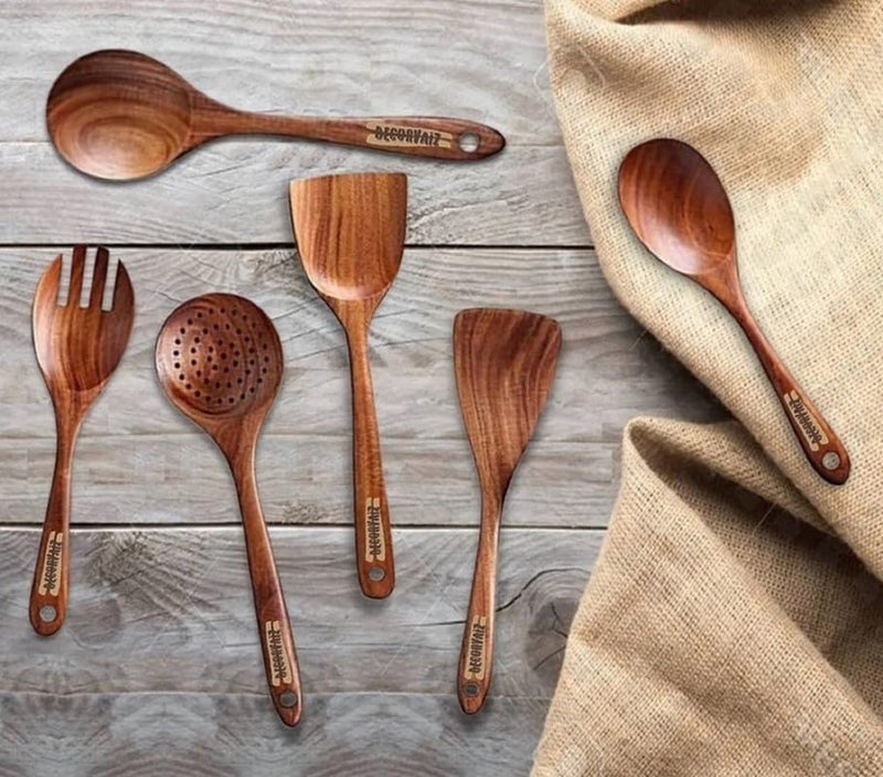 DECORVAIZ DECORVAIZ Handmade Wooden Serving and Cooking Spoon Ladles Turning Spatulas Kitchen Non Stick Utensil Set FlipSpatulaLadle for Cooking DosaRotiChapati Kitchen Tools No Harmful Polish Naturally NonStick  - Image 1