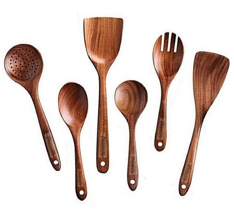 DECORVAIZ DECORVAIZ Handmade Wooden Serving and Cooking Spoon Ladles Turning Spatulas Kitchen Non Stick Utensil Set FlipSpatulaLadle for Cooking DosaRotiChapati Kitchen Tools No Harmful Polish Naturally NonStick  - Image 3