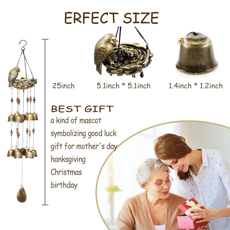 Askhald Bird Nest Wind Chimes,Wind Chimes for Outside with 12 Wind Bells for Glory Mothers Love Gift,Bird Bells Chimes Hanging Decoration for Outside Garden Yard Church, Bronze - Image 5