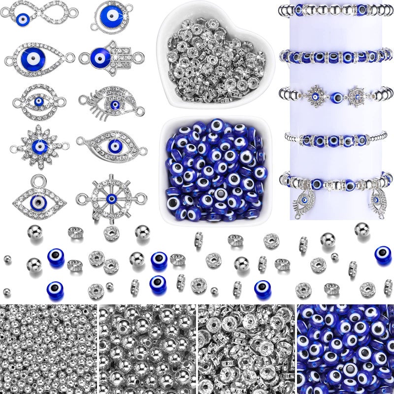 1450 Pcs Evil Eye Beads Set Rhinestone Kits Includes 200 Evil Eyes 20 Hand Charms 180 Rondelle Spacer Beads 800 4 mm and 250 8 mm Round for DIY Jewelry Making Silver