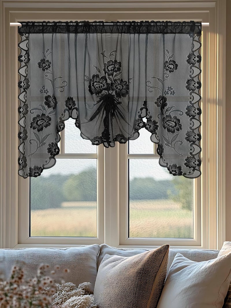 Jayla Black Semi-Sheer Floral Lace Curtain Swag for Kitchen Half Window Bathroom Decoration Rod Pocket,59 x 39 Inch, 1 Panel - Image 1