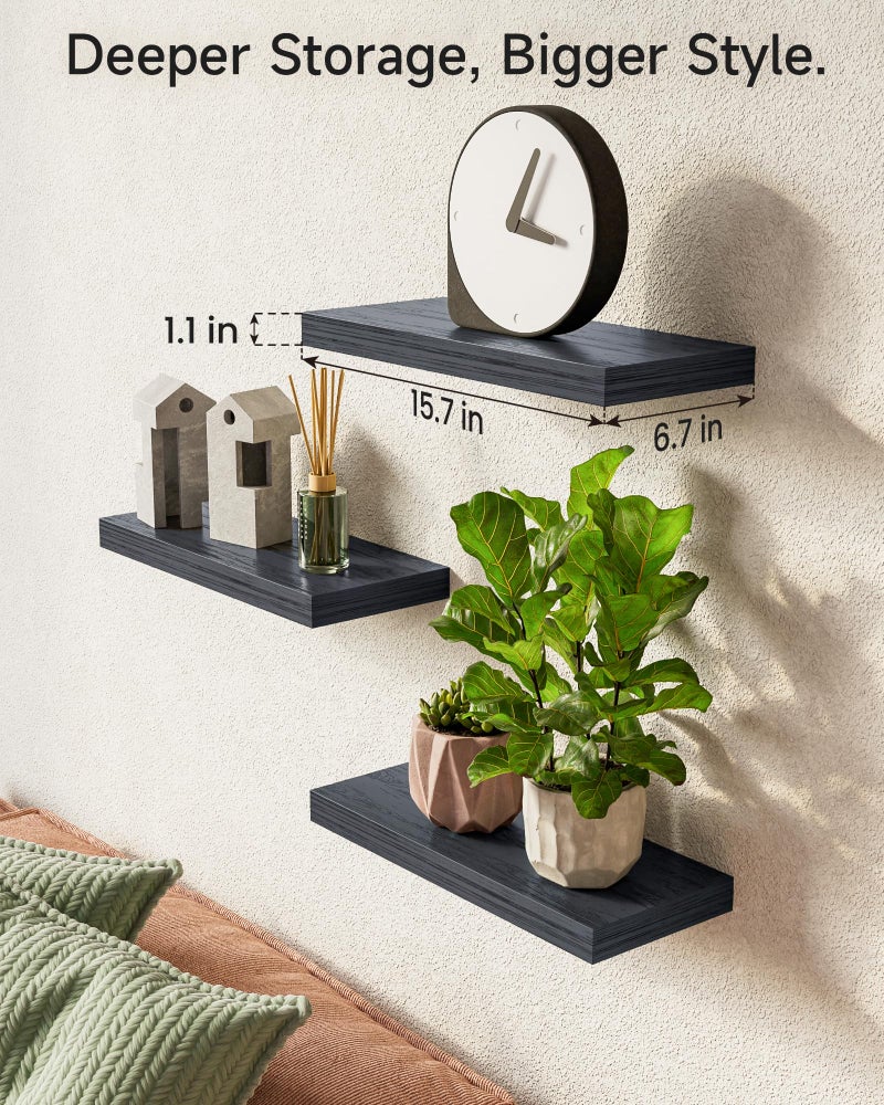 BAYKA Floating Shelves for Wall, Wall Mounted Rustic Wood Shelves for Bathroom, Bedroom, Living Room, Kitchen, Hanging Shelf for Books/Storage/Room Decor with 22lbs Capacity (Black, Set of 3, 15.7in) - Image 4