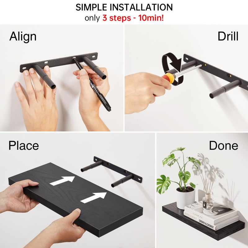 BAYKA Floating Shelves for Wall, Wall Mounted Rustic Wood Shelves for Bathroom, Bedroom, Living Room, Kitchen, Hanging Shelf for Books/Storage/Room Decor with 22lbs Capacity (Black, Set of 3, 15.7in) - Image 5