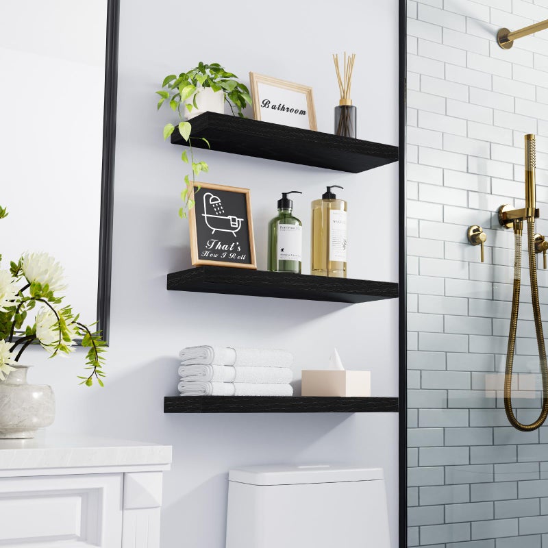 BAYKA Floating Shelves for Wall, Wall Mounted Rustic Wood Shelves for Bathroom, Bedroom, Living Room, Kitchen, Hanging Shelf for Books/Storage/Room Decor with 22lbs Capacity (Black, Set of 3, 15.7in) - Image 2
