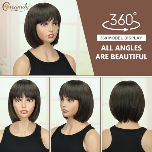 Creamily Straight Short Hair Wig for Woman Full Head Natural, Full Head Hair Wig for Women, Bob Cut Wigs for Women, Ladies Wigs with Bangs,Korea Bob Style for Daily Use (Brown, 14 Inches) - Image 3