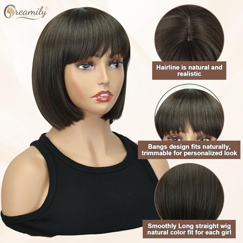 Creamily Straight Short Hair Wig for Woman Full Head Natural, Full Head Hair Wig for Women, Bob Cut Wigs for Women, Ladies Wigs with Bangs,Korea Bob Style for Daily Use (Brown, 14 Inches) - Image 4