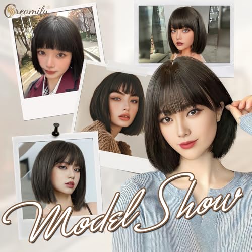 Creamily Straight Short Hair Wig for Woman Full Head Natural, Full Head Hair Wig for Women, Bob Cut Wigs for Women, Ladies Wigs with Bangs,Korea Bob Style for Daily Use (Brown, 14 Inches) - Image 2