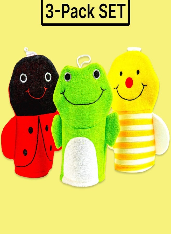 Made Easy Kit Hand Puppet Bath Wash Mitt Towel with Animal Designs with Loofahs for Fun Interactive Bathing Time (Red Green Yellow (No Loofah)) - Image 4