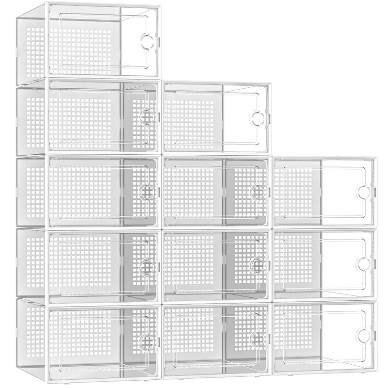 Kuject XLarge Shoe Storage Boxes Organizers Clear Plastic Stackable 12 Pack Shoe Rack  Holder Substitute Sneaker Containers Toy Storage Organizer Bins for Entryway Closet Under Bed White