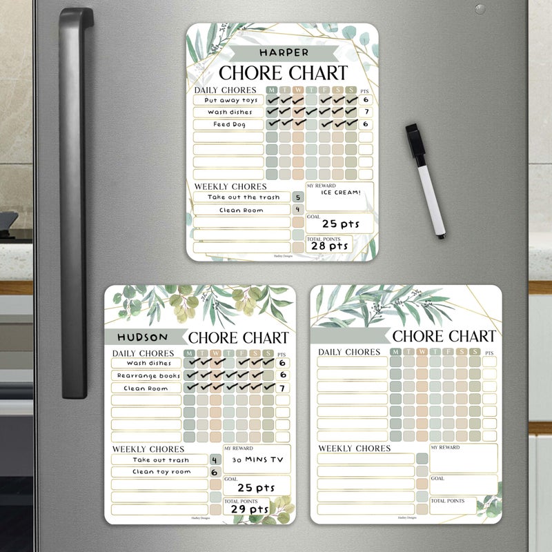 Hadley Designs 3 Greenery Dry Erase Chore Chart for Kids Multiple Kids - Kids Chore Chart Kids Chart, Chores Chart for Kids Multiple Kids, Magnetic Chore Chart for Kids, Chore Chart Adults, Chores Chart for Teens - Image 1