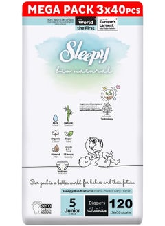 Sleepy Baby Dry Taped Diapers Bio Natural Premium Size 5 Diapers, 120 Count, 11-18Kg, Hypoallergenic, 3 X 40 Water Based, Almond Milk, Vegan, 100% Leakproof  - Image 1