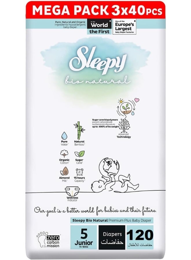 Baby Dry Taped Diapers Bio Natural Premium Size 5 Diapers, 120 Count, 11-18Kg, Hypoallergenic, 3 X 40 Water Based, Almond Milk, Vegan, 100% Leakproof