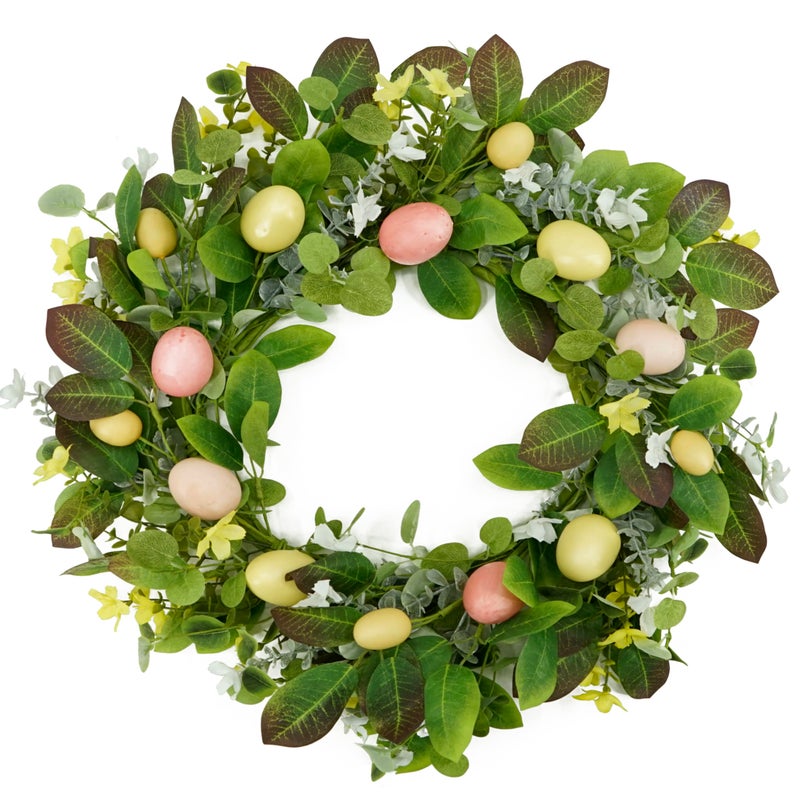 WreathDream Artificial Easter Wreath Spring Door Wreath with Colorful Eggs,Flowers,Eucalyptus Leaves,Mix Leaves for Front Door Farmhouse Indoor Outdoor Festival Home Decor - Image 1
