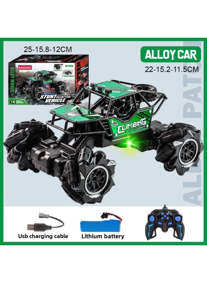 Remote Control Car 2.4g Climbing Alloy Off-road Vehicle Boys Children Toy Car Rechargeable Stall Stall Toys-Color:2.4G Drift Stunt Car-Alloy Green-Proportion:Double Lithium Battery + Remote Control