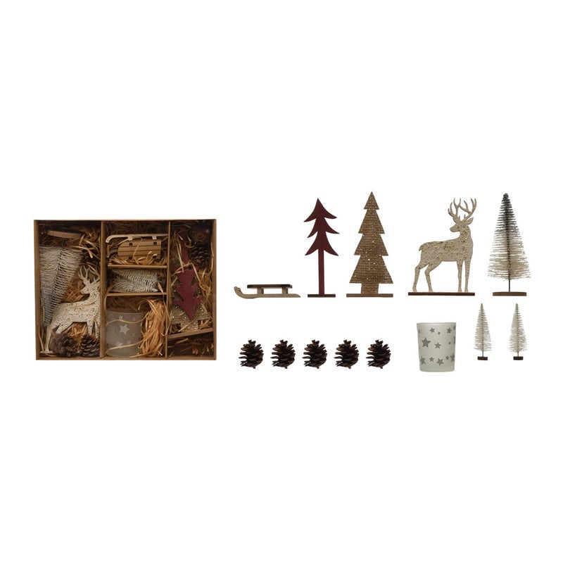 Creative CoOp Candle Garden Kit with Bottle Brush Trees Tealight Pinecones and Wood Figures Boxed Set of 13