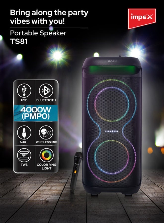 Impex Portable Trolly Speaker Music Player 2 x 6.5 inch Powerful Speaker Drivers Song With Outdoor and Indoor DJ Party System- 4000W (PMPO), 3600mAh/7.4V Rechargeable Battery, USB, TF, AUX, FM Radio, Mic Input, Bluetooth Function, Karaoke Function, UHF wireless MIC, High-Quality Sound Experience - TS81, Black Black - Image 3