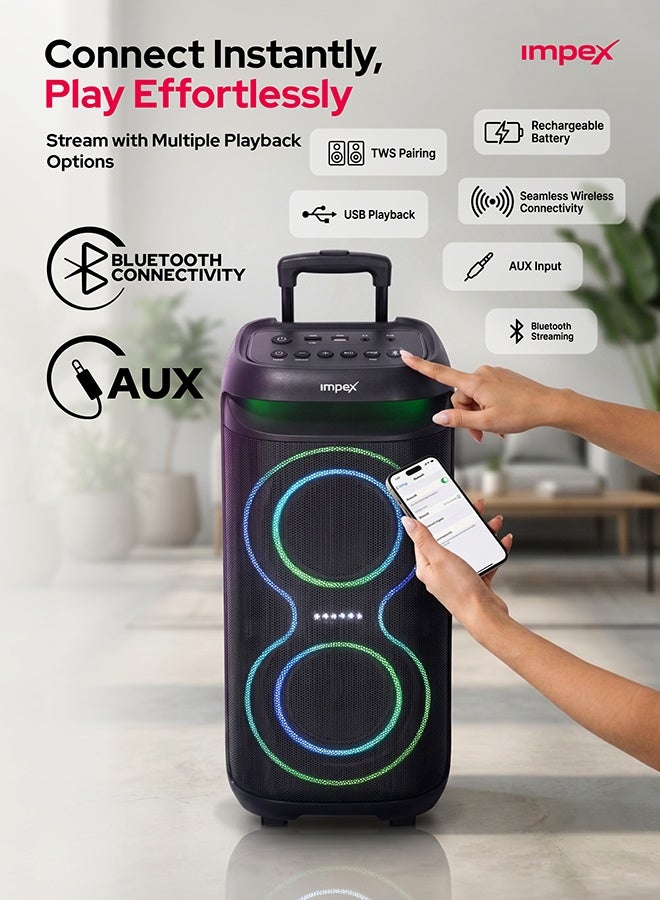 Impex Portable Trolly Speaker Music Player 2 x 6.5 inch Powerful Speaker Drivers Song With Outdoor and Indoor DJ Party System- 4000W (PMPO), 3600mAh/7.4V Rechargeable Battery, USB, TF, AUX, FM Radio, Mic Input, Bluetooth Function, Karaoke Function, UHF wireless MIC, High-Quality Sound Experience - TS81, Black Black - Image 2